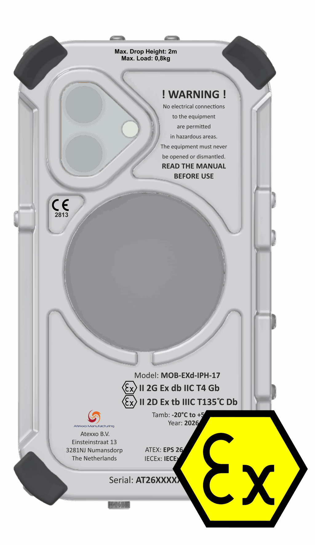 Atexxo explosion-proof iPhone 17, angled view