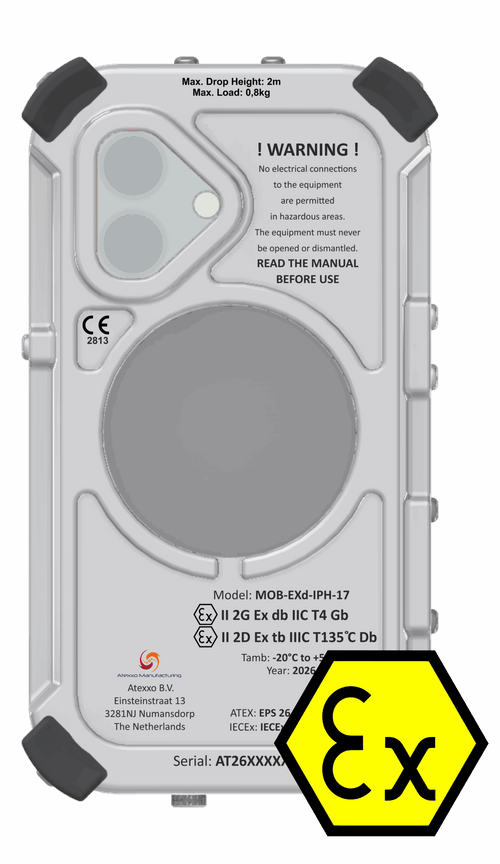 Atexxo explosion-proof iPhone 17, angled view